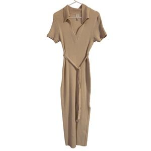 Joie Ribbed Knit Polo Midi Dress XL Tan Beige Short Sleeve Belted Side Slit